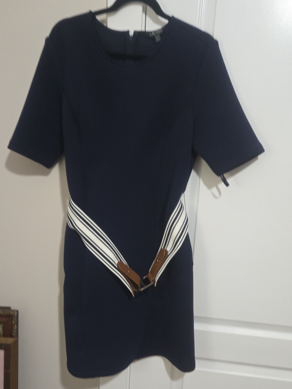 Ralph Lauren Navy Short-Sleeve Midi Dress with Striped Waist Detail